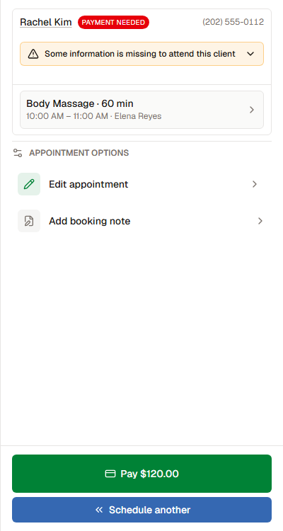 Saved appointment with the client, service, time, and provider.