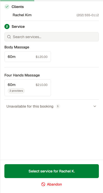 Service picker with service names, durations, and prices.