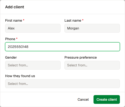 Add client form with name, phone, and optional details.