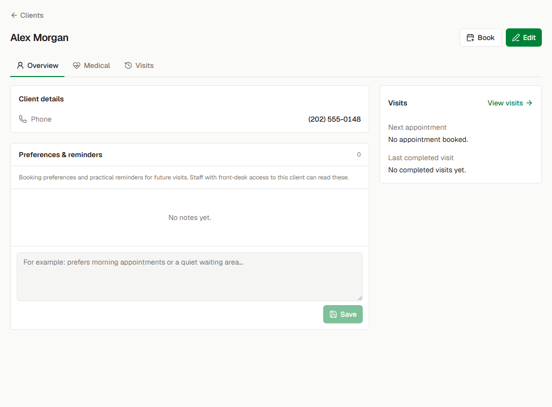 Saved client profile with the Edit details action.