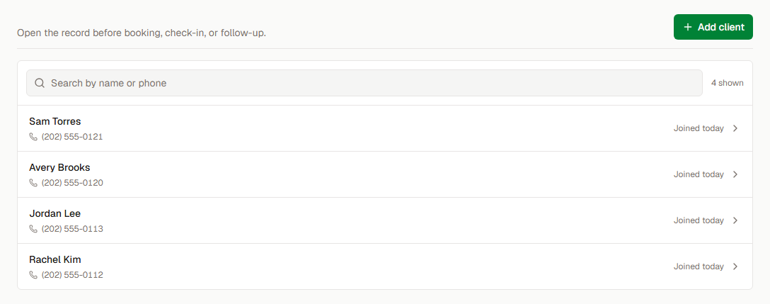 Clients page with the search field and Add client button.
