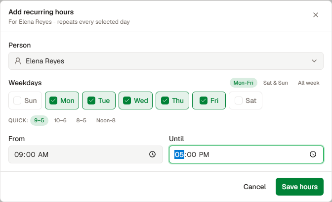Set the hours and save