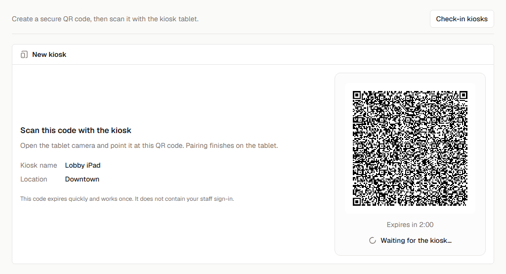 Kiosk pairing page showing where the temporary QR code appears.