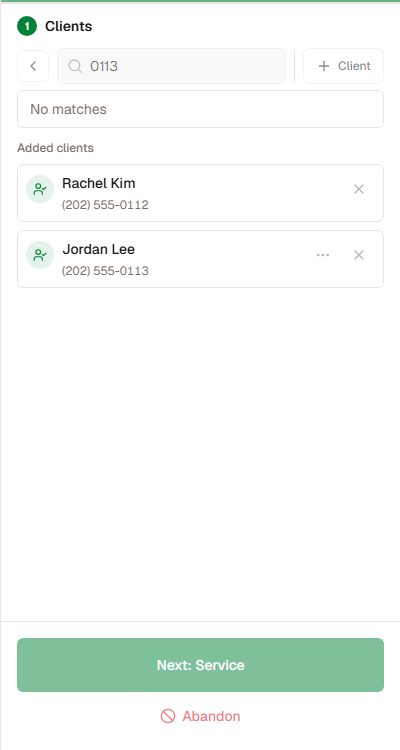 Booking panel with Rachel Kim and Jordan Lee added.