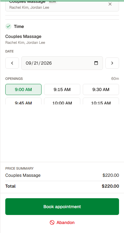 A therapist assigned to each client, with the booking button below.