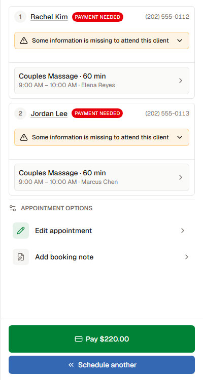 Saved appointment showing both clients and their sessions.