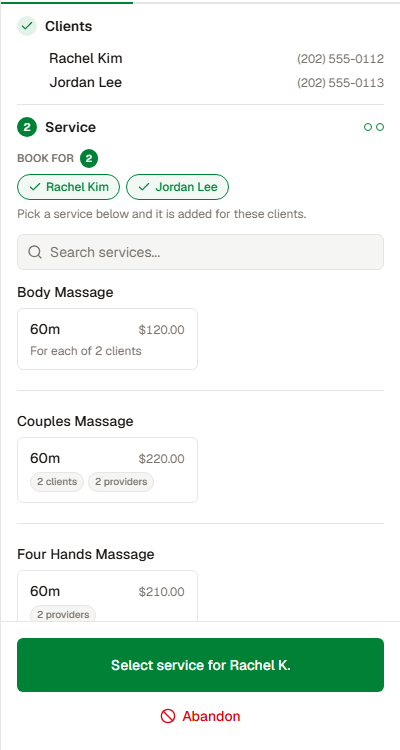 Service picker showing Couples Massage for two clients.