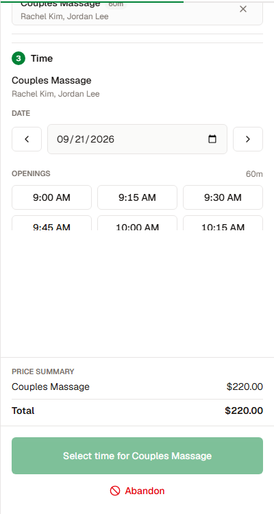 Available start times for the shared service.