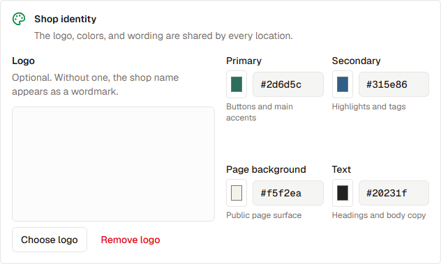Public booking editor with logo and color controls.