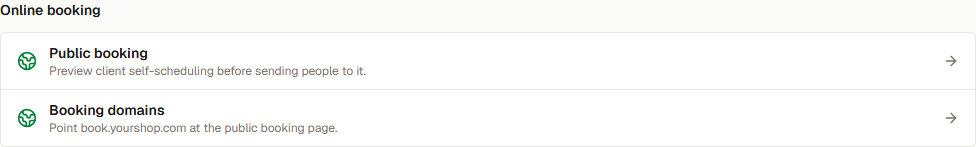 Online booking section in Settings with the Public booking page link.