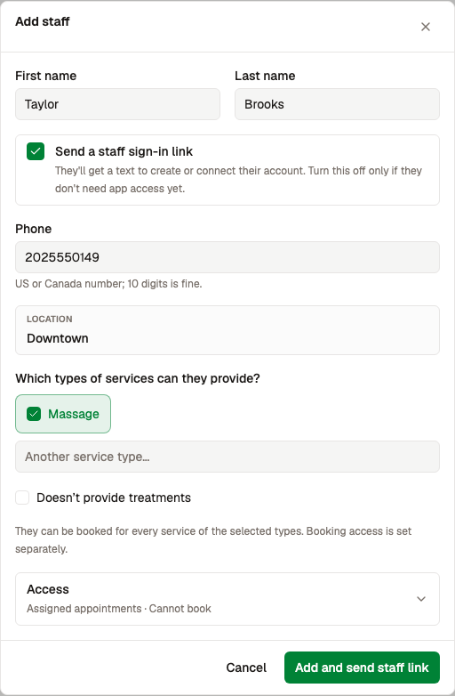Add staff form with first and last name fields.